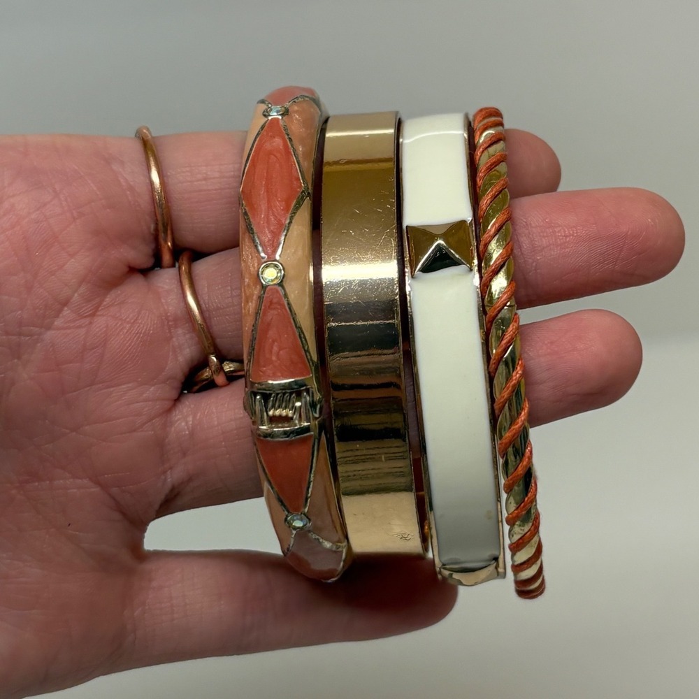 Gold Tone Bangle Bracelet Set 4pc Orange White Coral Enamel Geometric Studded